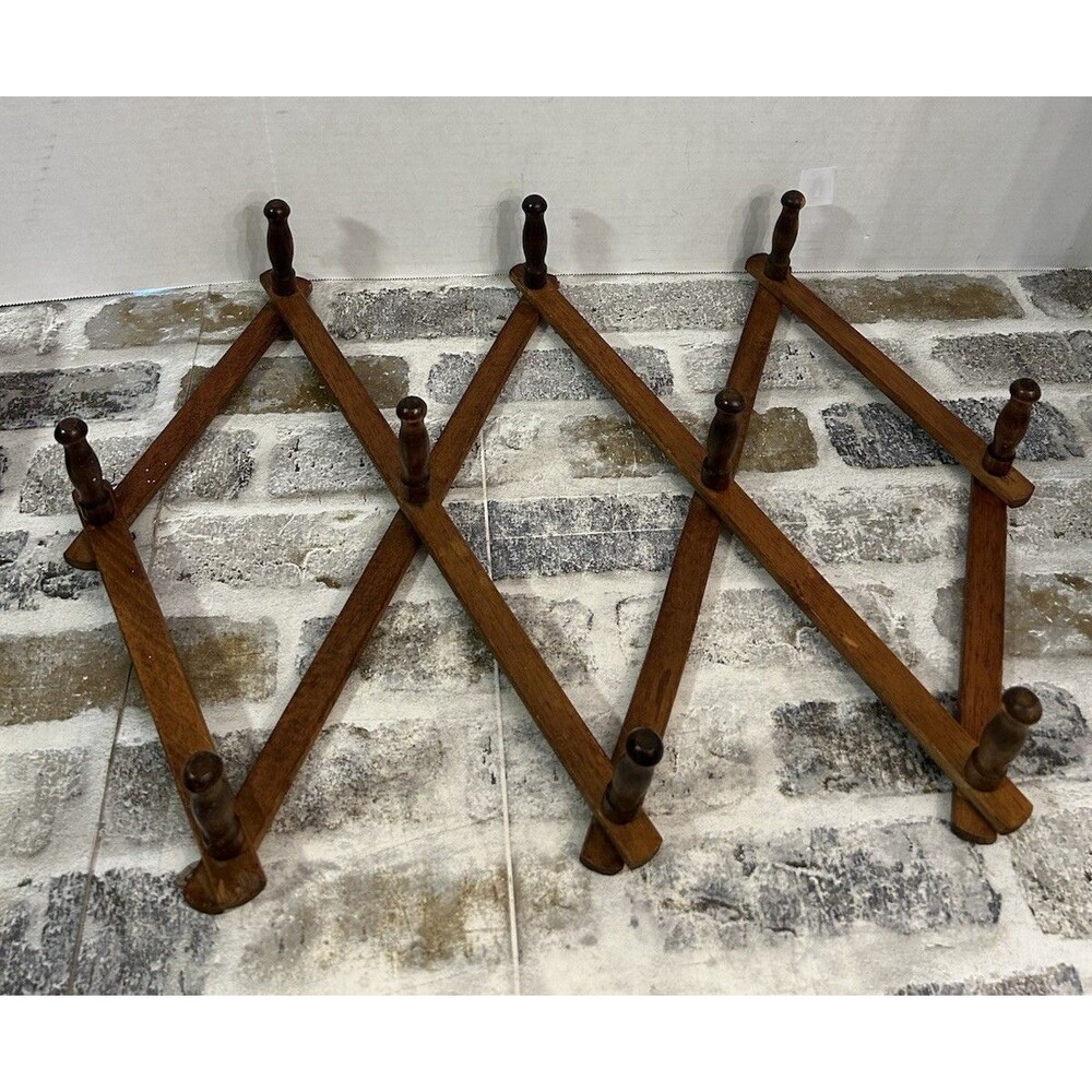 Vintage Wood Accordion Wall Rack Expandable 10 Peg Hat Mug Rack Nevco Hong Kong